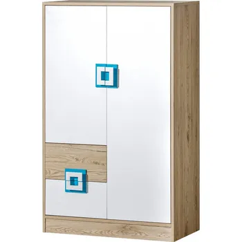 Komoda NIKOS 7 - Komoda 80 vysoká (NICO 7) - bílá/dub světlý- úchyt tyrkys (DO) (K150-Z)