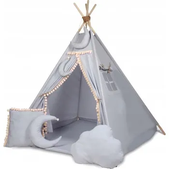 Dětský stan Stan pro děti týpí Baby Nellys + výbava - šedý s béžovými bambulkami