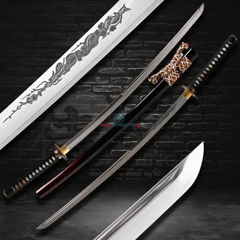 Replika zbraně katana dragon flower horimono T-10 Carbon Steel, Real Suguha Hamon, Bo-Hi, Yokote
