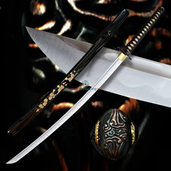 Replika zbraně Katana Flowers & uhlíkové ocel AISI 1045 & imitace hamonu & žlábek Bo-Hi
