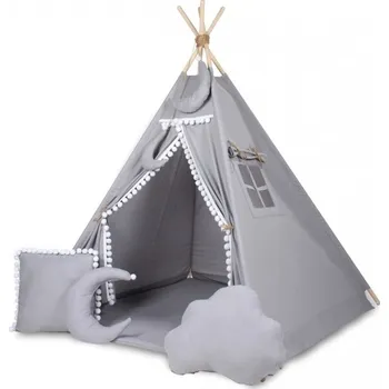 Hra na zahradu Stan pro děti týpí Baby Nellys + výbava - šedý s bílými bambulkami