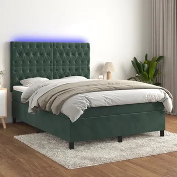 Ložnice vidaXL Box spring postel s matrací a LED 140x200 cm samet [3136305] Barva: Tmavě zelená