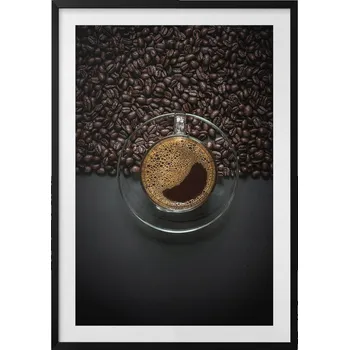 Obraz Nástěnný dekorativní obraz v černém rámu s grafikou Káva a zrnka 70x100 cm