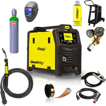 Svářečka KOWAX GeniMig240DP LCD + Hořák + Kukla + Ventil + Podvozek + plná Argon Láhev + Sprej + 5kg drát + Kabely