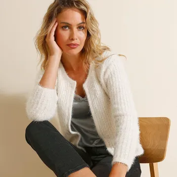 Dámský svetr Krátký kardigan z úpletu s vlasem a metalickými vlákny přírodní 50