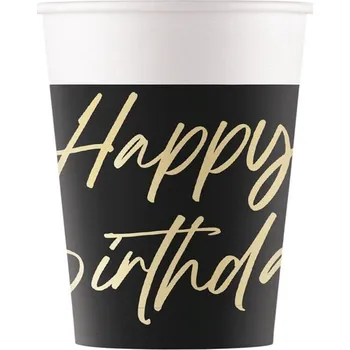 Party nádobí Procos Kelímky papírové Elegant Happy Birthday, černé 8ks 200ml