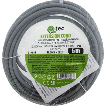 elektrický kabel Prodlužovací přívod šedý 1 zásuvka, 5m, Q-408F QTEC
