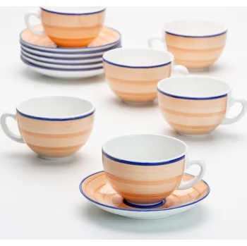 Čajová sada 6x keramický šálek s podšálkem oranžová modrá