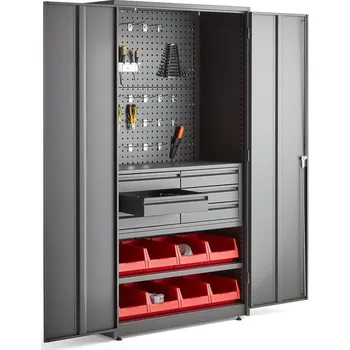 Dílenská skříň Supply, elektronický zámek, 2 panely, 2 police, 6 zásuvek, 8 boxů, 1900x1020x500 mm,