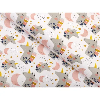 Dětská bavlněná látka/plátno Sandra SA-562 Spící jednorožci mezi hvězdičkami na bílém - šířka 160 cm