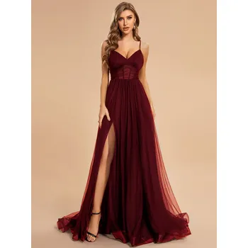 Dámské šaty Tylové večerní šaty s rozparkem a ramínky - Bordo 4XL Barva: Bordová, Velikost: 4XL