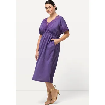 Dámské šaty Ulla Popken, Plus size Šaty, výšivka, oversize, výstřih do V, krátké rukávy pro plnoštíhlé nadměrná velikost, 829399830-1131, nachový, 54/56, Nadměrné velikosti, Plus size oblečení, Oblečení pro boubelky, Oblečení pro baculky, Oblečení pro plnoštíhlé, Obl