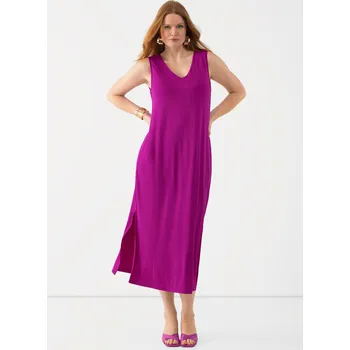 Dámské šaty Ulla Popken, Plus size Slinky midi šaty, A střih, výstřih do V, bez rukávů pro plnoštíhlé nadměrná velikost, 819540822-1130, nachový, 50/52, Nadměrné velikosti, Plus size oblečení, Oblečení pro boubelky, Oblečení pro baculky, Oblečení pro plnoštíhlé, Oble