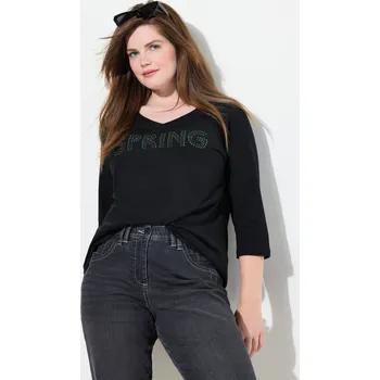 Dámské tričko Ulla Popken, Plus size Tričko, nápis Spring, ozdobné sklady, výstřih do V, 3/4 rukávy pro plnoštíhlé nadměrná velikost, 834199100-1129, černý, 46/48, Nadměrné velikosti, Plus size oblečení, Oblečení pro boubelky, Oblečení pro baculky, Oblečení pro plnoští