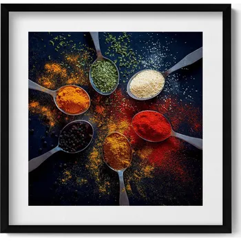 Obraz Nástěnný obraz černý rám Kuchyňské lžíce s barevným kořením 50x50 cm