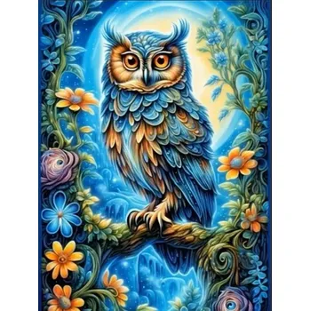 Diamantové malování Diamantové malování/Huacan - Sova a květiny při úplňku