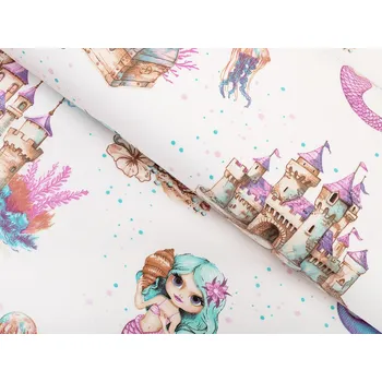 Dětská bavlněná látka/plátno Sandra SA-567 Mořské víly a království na bílém - šířka 160 cm