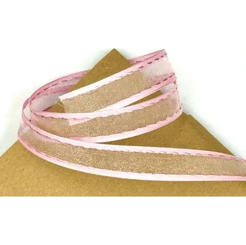 Stuha Stuha organzová CHAMPAGNER prošívaná růžová 15mm x 5m (5,- Kč/m) (Stuha organzová, pastelově růžová, se saténovými kraji, s tenkým vlascem v obou okrajích)