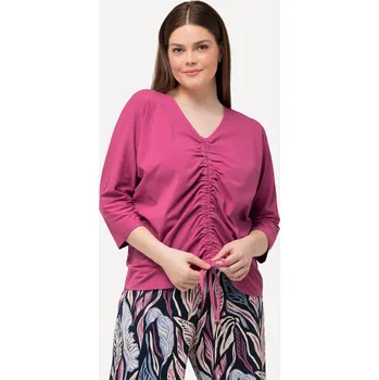 Dámské tričko Ulla Popken, Plus size Tričko, řasení, výstřih do V, 3/4 rukávy, biobavlna pro plnoštíhlé nadměrná velikost, 829376816-1132, červený, 58/60, Nadměrné velikosti, Plus size oblečení, Oblečení pro boubelky, Oblečení pro baculky, Oblečení pro plnoštíhlé, Oble