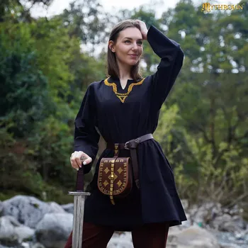 Dámská tunika Středověká vyšívaná bavlněná tunika s dlouhými rukávy