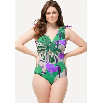 Dámské plavky Ulla Popken, Plus size Plavky, palmy, měkké košíčky, řasící stuha na ramenou, recyklovaný materiál pro plnoštíhlé nadměrná velikost, 826432650-1011, béžový, 50, Nadměrné velikosti, Plus size oblečení, Oblečení pro boubelky, Oblečení pro baculky, Oblečení 