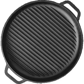 Pánev Brizoll Litinová grilovací pánev 40 cm, V 4 cm A400GKS, žebrovaná, 2 madla (Brizoll A400GKS Plotna drážkovaná na grilování masa a zeleniny z litiny do ohniště, grilu. Průměr 40 cm)