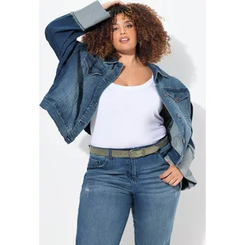 Dámská casual bunda Ulla Popken, Plus size Džínová bunda, třásně, límeček, široké ohrnutí na rukávech pro plnoštíhlé nadměrná velikost, 830252902-1132, modrý, 58/60, Nadměrné velikosti, Plus size oblečení, Oblečení pro boubelky, Oblečení pro baculky, Oblečení pro plnoštíhlé,