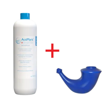 Zdravotnický materiál ActiMaris Sensitiv roztok 1000 ml + Rhino Horn konvička na výplach nosu velká konvička