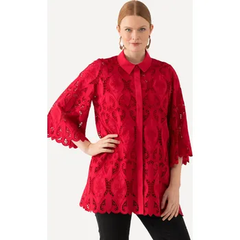 Dámská halenka Ulla Popken, Plus size Krajková halenka, A střih, límeček, vlnitý lem, 3/4 rukávy pro plnoštíhlé nadměrná velikost, 826792530-1132, červený, 58/60, Nadměrné velikosti, Plus size oblečení, Oblečení pro boubelky, Oblečení pro baculky, Oblečení pro plnoštíhl