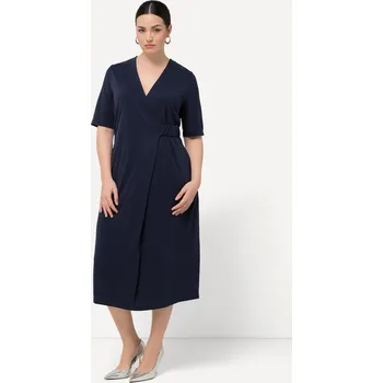 Dámské šaty Ulla Popken, Plus size Midi šaty, zavinovací vzhled, výstřih do V, krátké rukávy, kapsy pro plnoštíhlé nadměrná velikost, 829868770-1133, modrý, 62/64, Nadměrné velikosti, Plus size oblečení, Oblečení pro boubelky, Oblečení pro baculky, Oblečení pro plnoš