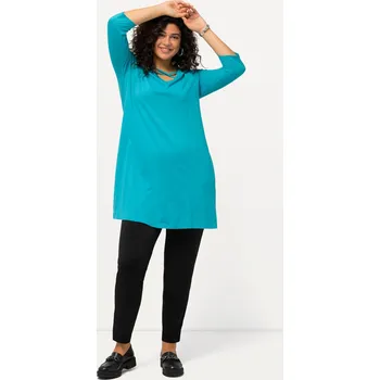 Dámské tričko Ulla Popken, Plus size Dlouhé tričko, ozdobné stuhy, A střih, výstřih do V, 3/4 rukávy pro plnoštíhlé nadměrná velikost, 825969740-1129, tyrkysový, 46/48, Nadměrné velikosti, Plus size oblečení, Oblečení pro boubelky, Oblečení pro baculky, Oblečení pro pl