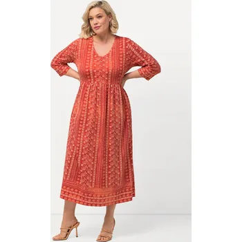 Dámské šaty Ulla Popken, Plus size Žerzejové šaty, A střih, výstřih do V, 3/4 rukávy, kapsy pro plnoštíhlé nadměrná velikost, 832576651-1134, oranžový, 66/68, Nadměrné velikosti, Plus size oblečení, Oblečení pro boubelky, Oblečení pro baculky, Oblečení pro plnoštíhlé