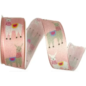 Stuha Stuha dětská narozeninová HAPPY LAMA růžová 25mm x 2,5m (8,-Kč/m) (Dětská narozeninová stuha, bavlněná, jednostranný potisk, s vetkaným vlascem v lemu)
