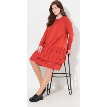Dámské šaty Ulla Popken, Plus size Teplákové šaty, krajka, kulatý výstřih, dlouhé rukávy, biobavlna pro plnoštíhlé nadměrná velikost, 821156534-1130, oranžový, 50/52, Nadměrné velikosti, Plus size oblečení, Oblečení pro boubelky, Oblečení pro baculky, Oblečení pro pl