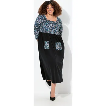 Dámské šaty Ulla Popken, Plus size Žerzejové maxi šaty, květy, hranatý výstřih, 3/4 rukávy pro plnoštíhlé nadměrná velikost, 832843100-1131, černý, 54/56, Nadměrné velikosti, Plus size oblečení, Oblečení pro boubelky, Oblečení pro baculky, Oblečení pro plnoštíhlé, Ob