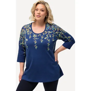 Dámské tričko Ulla Popken, Plus size Dlouhé tričko, potisk lemů, kulatý výstřih, 3/4 rukávy pro plnoštíhlé nadměrná velikost, 832348742-1131, modrý, 54/56, Nadměrné velikosti, Plus size oblečení, Oblečení pro boubelky, Oblečení pro baculky, Oblečení pro plnoštíhlé, Obl