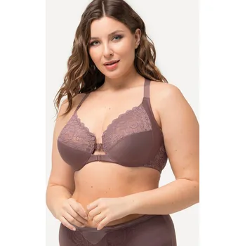 Podprsenka Ulla Popken, Plus size Podprsenka s kosticemi, krajka, dvojí zapínání, košíčky C-D pro plnoštíhlé nadměrná velikost, 825148345-1095, hnědý, 110D, Nadměrné velikosti, Plus size oblečení, Oblečení pro boubelky, Oblečení pro baculky, Oblečení pro plnoštíhlé,