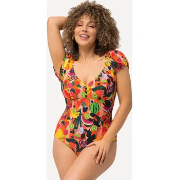 Dámské plavky Ulla Popken, Plus size Plavky, ovoce, měkké košíčky, nabírané krátké rukávy pro plnoštíhlé nadměrná velikost, 827399514-1015, oranžový, 58, Nadměrné velikosti, Plus size oblečení, Oblečení pro boubelky, Oblečení pro baculky, Oblečení pro plnoštíhlé, Obleč