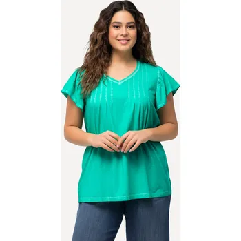 Dámské tričko Ulla Popken, Plus size Tričko, ozdobné sklady, A střih, výstřih do V, krátké rukávy pro plnoštíhlé nadměrná velikost, 829533437-1130, tyrkysový, 50/52, Nadměrné velikosti, Plus size oblečení, Oblečení pro boubelky, Oblečení pro baculky, Oblečení pro plnoš