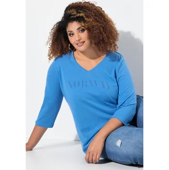 Dámské tričko Ulla Popken, Plus size Tričko, nápis, Classic, výstřih do V, 3/4 rukávy pro plnoštíhlé nadměrná velikost, 832709738-1129, modrý, 46/48, Nadměrné velikosti, Plus size oblečení, Oblečení pro boubelky, Oblečení pro baculky, Oblečení pro plnoštíhlé, Oblečení 