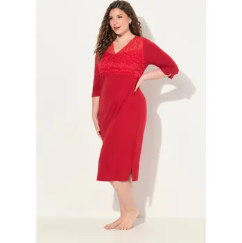 Dámská noční košile Ulla Popken, Plus size Noční košile, krajková vsadka, výstřih do V, 3/4 rukávy pro plnoštíhlé nadměrná velikost, 832325530-1130, červený, 50/52, Nadměrné velikosti, Plus size oblečení, Oblečení pro boubelky, Oblečení pro baculky, Oblečení pro plnoštíhlé, 