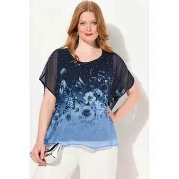 Dámská halenka Ulla Popken, Plus size Šifonová halenka, květy, dvouvrstvá, kulatý výstřih, krátké rukávy pro plnoštíhlé nadměrná velikost, 831611130-1130, modrý, 50/52, Nadměrné velikosti, Plus size oblečení, Oblečení pro boubelky, Oblečení pro baculky, Oblečení pro pln