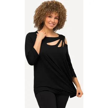 Dámské tričko Ulla Popken, Plus size Tričko, průstřihy, A střih, lodičkový výstřih, 3/4 rukávy pro plnoštíhlé nadměrná velikost, 805091100-1129, černý, 46/48, Nadměrné velikosti, Plus size oblečení, Oblečení pro boubelky, Oblečení pro baculky, Oblečení pro plnoštíhlé, 