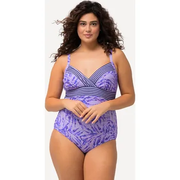 Dámské plavky Ulla Popken, Plus size Plavky, palmy, pruhy, měkké košíčky, recyklovaný materiál pro plnoštíhlé nadměrná velikost, 826235800-1011, nachový, 50, Nadměrné velikosti, Plus size oblečení, Oblečení pro boubelky, Oblečení pro baculky, Oblečení pro plnoštíhlé, O