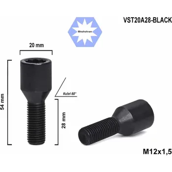 Šroubek na kolo Kolový šroub M12x1,5x28 kužel s vnitřním mnohohranem, VST20A28-BLACK, průměr hlavy 20mm, černý, výška 54 mm