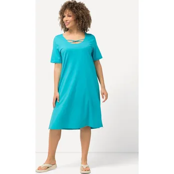Dámské šaty Ulla Popken, Plus size Žerzejové šaty, ozdobné stuhy, A střih, kulatý výstřih, krátké rukávy pro plnoštíhlé nadměrná velikost, 829834740-1129, tyrkysový, 46/48, Nadměrné velikosti, Plus size oblečení, Oblečení pro boubelky, Oblečení pro baculky, Oblečení 
