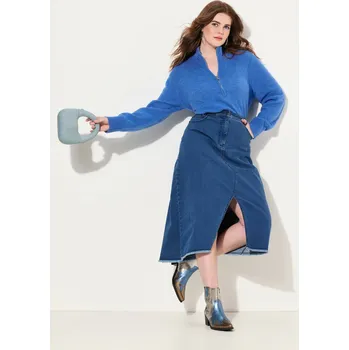 Dámská sukně Ulla Popken, Plus size Džínová sukně, rozparek na lemu, A střih, třásňový lem pro plnoštíhlé nadměrná velikost, 832754902-1009, modrý, 46, Nadměrné velikosti, Plus size oblečení, Oblečení pro boubelky, Oblečení pro baculky, Oblečení pro plnoštíhlé, Obleče