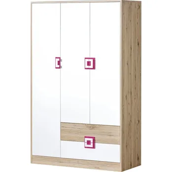 Šatní skříň Šatní skříň NIKOS 3, bílá/dub světlý/úchytka růžová