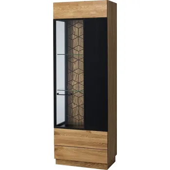 Obývací stěna MONURIKI 11 - VITRÍNA ÚZKÁ VYSOKÁ PRAVÁ 1dvířková dub medový s elementy černý mat -smontovaný nábytek (MOSAIC) (SZ) (K150-Z)