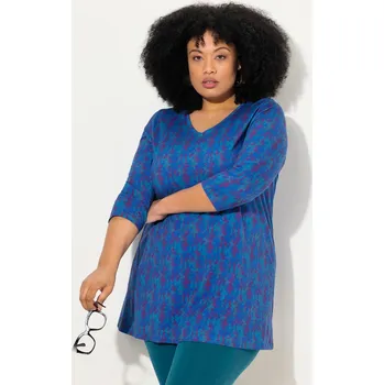 Dámské tričko Ulla Popken, Plus size Dlouhé tričko, batikovaný vzor, A střih, výstřih do V, 3/4 rukávy pro plnoštíhlé nadměrná velikost, 832888740-1134, modrý, 66/68, Nadměrné velikosti, Plus size oblečení, Oblečení pro boubelky, Oblečení pro baculky, Oblečení pro plno